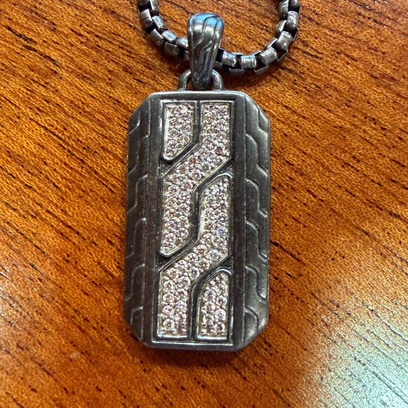 John Hardy Classic Chain Dog Tag Necklace, Sterling Silver & Diamond Pave , Men - Picture 2 of 3